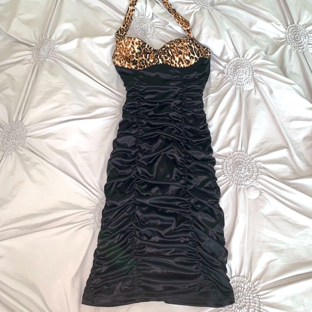 Black Leopard Halter Dress